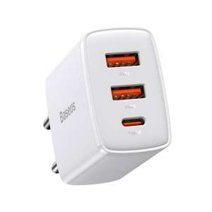 Baseus kompakt gyorstöltő, 2xUSB, USB-C, PD, 3A, 30 W, Fehér
